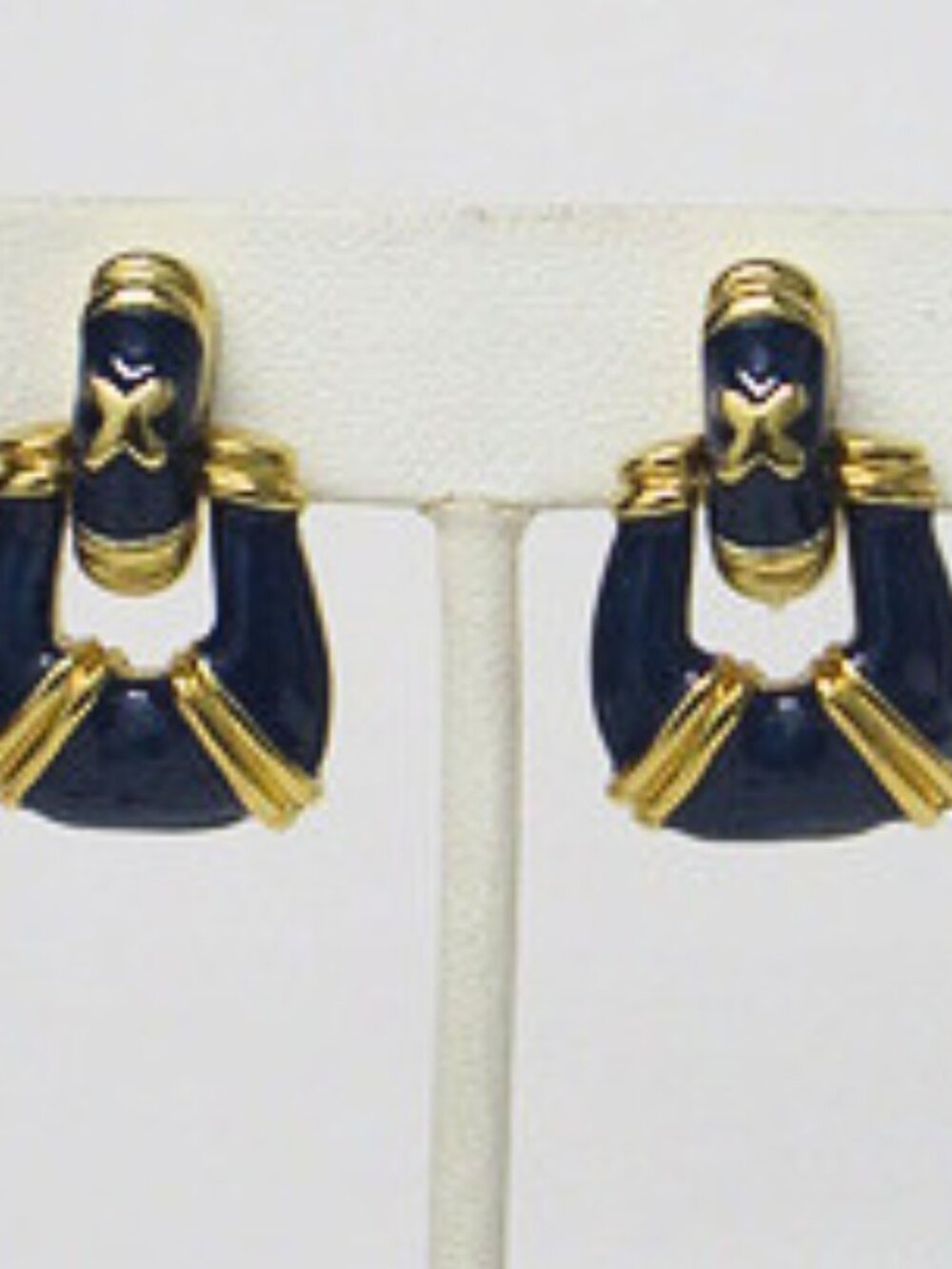 Vintage Navy Blue Gold Tone Geometric Dangle Clip-On Earrings Estate Jewelry
